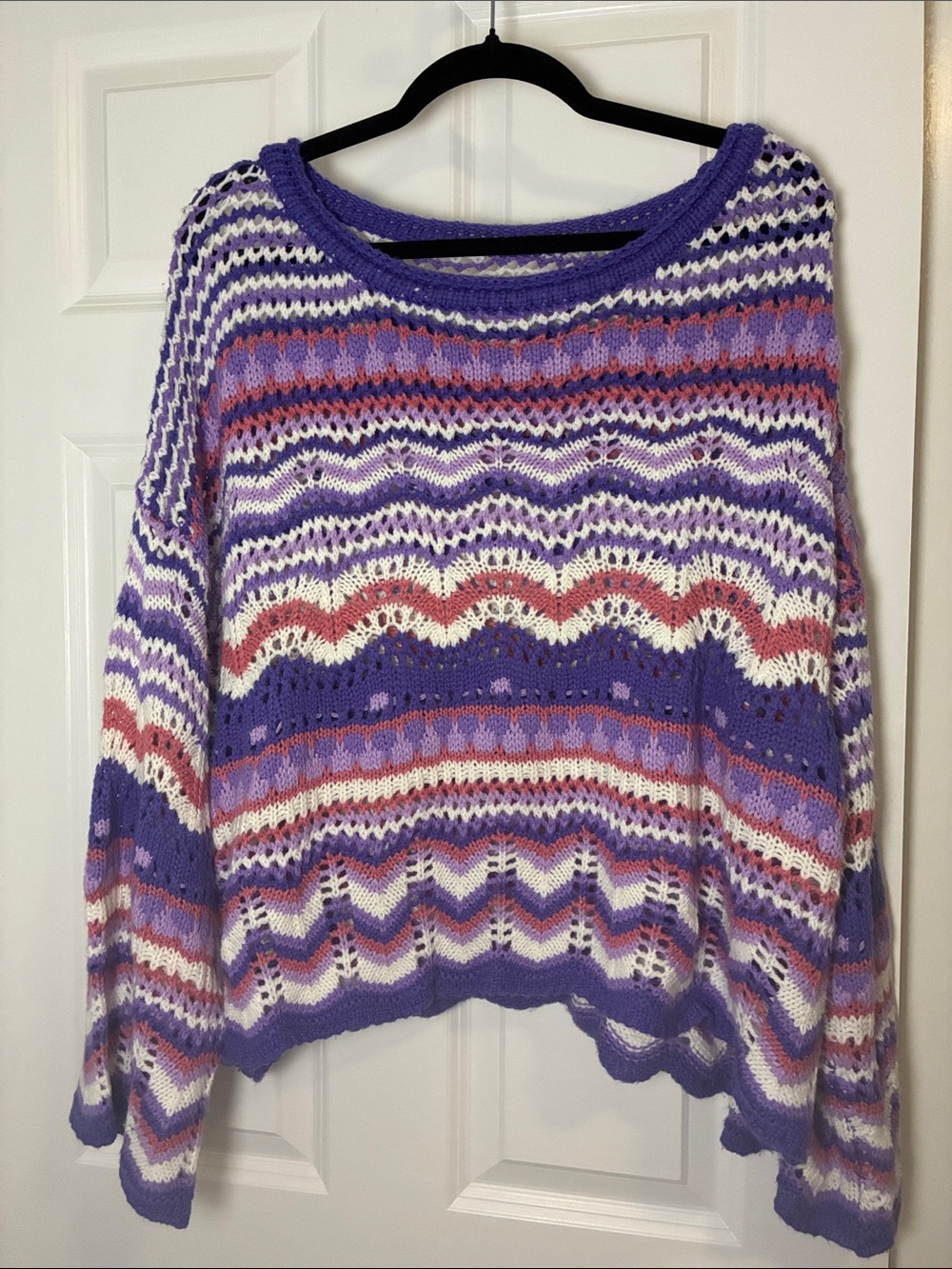 SHEIN Purple Multi-Striped Open-Knit Crewneck Sweater
